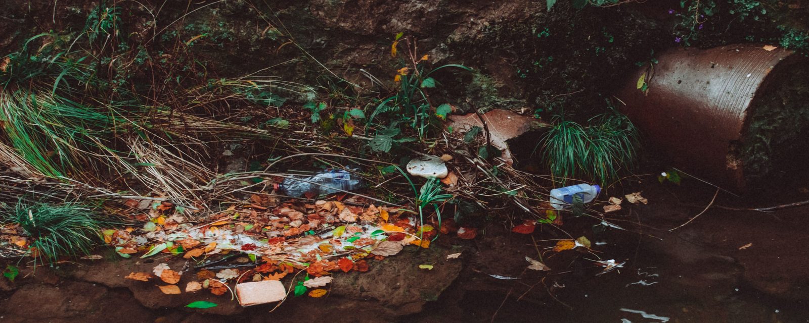 A cracked clay pipe outlet at the foot of a mossy rock bank, with plastic bottles, foam pieces and fallen leaves caught at the edge of brown water.